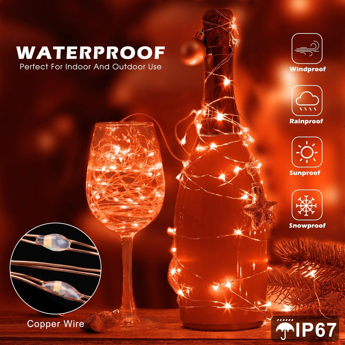 Fairy Lights 72ft 220 LED USB Twinkle String Lights Plug in Silver Wire Lights with Remote and Timer 8 Modes Outdoor Waterproof Starry Lights DIY Party Wedding Christmas Decoration（Orange）