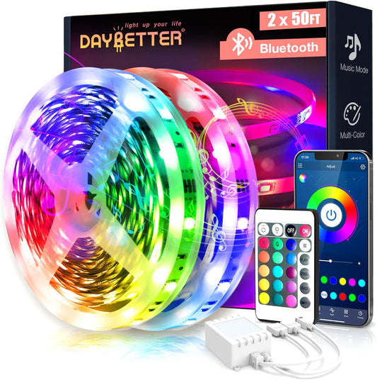DAYBETTER LED Lights for Bedroom 100 ft LED Strip Lights Bluetooth Music Sync Color Changing Light Strip with Remote and App Control, LED Lights for Room Decor, Party Home Decor(2 Rolls of 50ft)