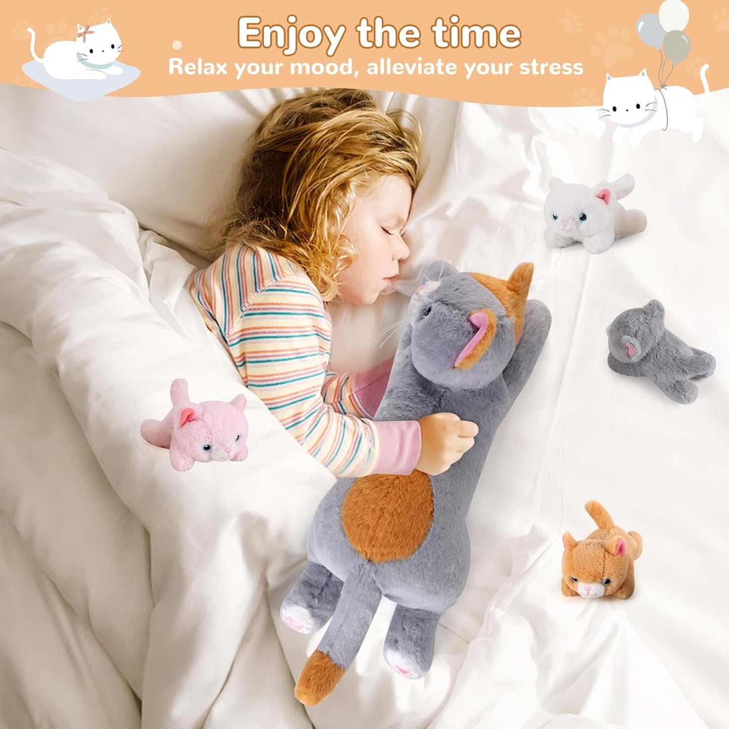 5 Pieces Cat Stuffed Animals with Babies Inside Belly - 1 Mommy Stuffed Cat with 4 Kittens - Stuffed Kitty Plush Toys for Kid Age 3-8, Gift Ideal for Christmas, Valentine's, Birthday (Grey)