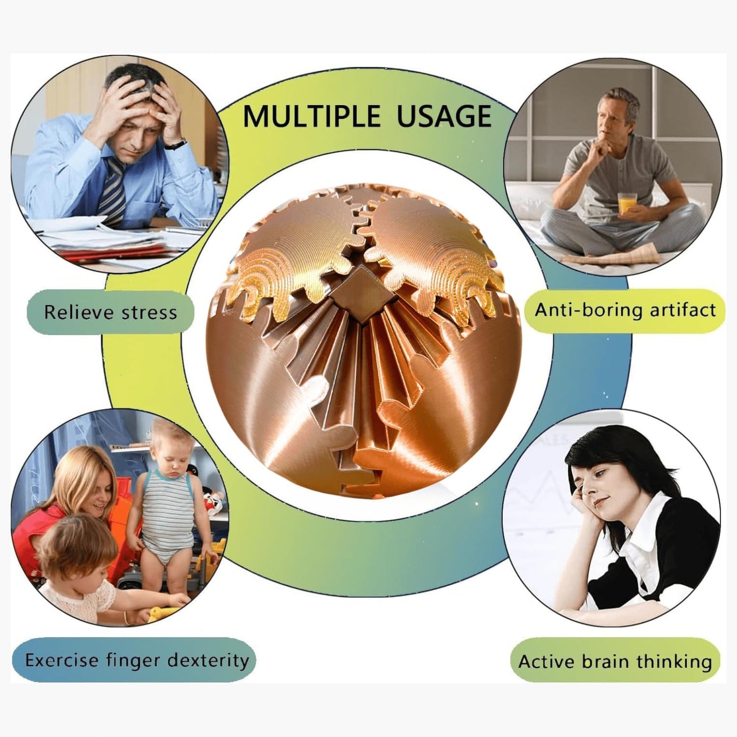 Gear Ball, 4.2in 3D Printed Gear Ball Spin Ball Cube Fidget Toys, Gear Sphere, Gear Balls Fidget Toy, Stress Ball, GearSphere Desk Toy, Fidget Balls, Gear Toy for Anxiety Relaxing (Laser Rose Gold)