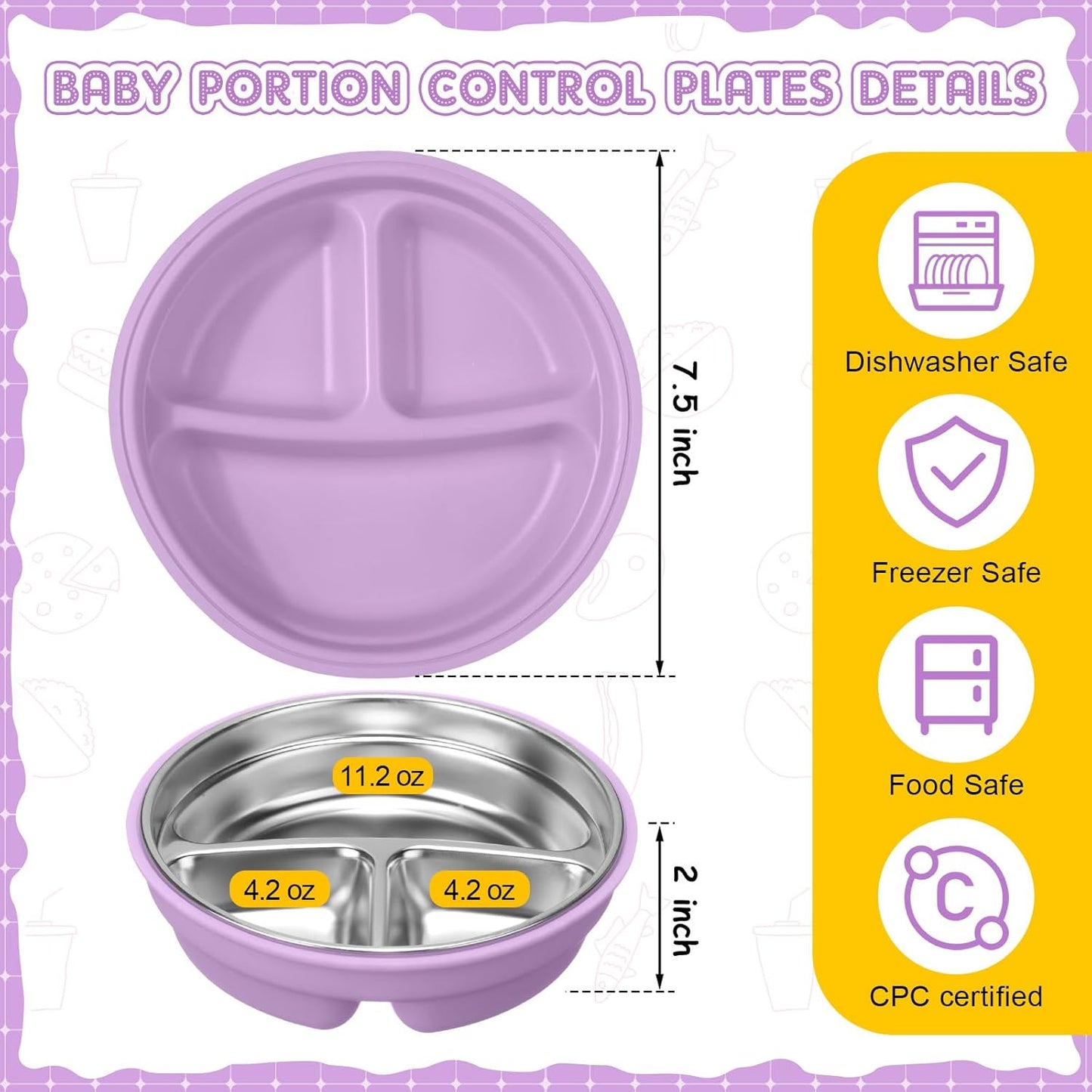 Nuogo 2 Pcs Stainless Steel Baby Suction Plates with Removable Silicone Shell 2-in-1 Metal Toddler Bowl Divided for Picky Eaters Kid Feeding Led Weaning Supply, Dishwasher Safe (Yellow,Purple)