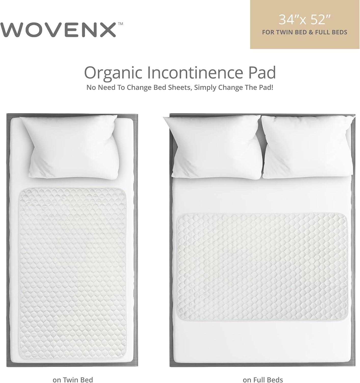 Organic Incontinence Pads for Kids & Toddlers - 5 Layer Waterproof Protectors for Overnight Bed Wetting - Reusable & Washable Pee Pads - Fits Twin to Full Size Beds - 34" x 52" White