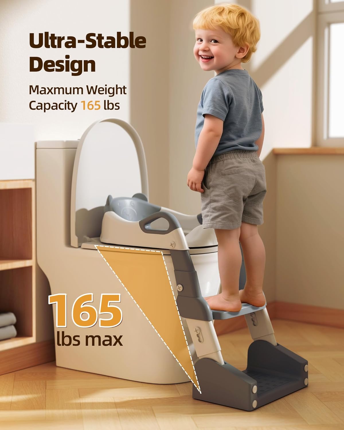 3-in-1 Potty Training Toilet, Toddler Toilet Seat with Step Stool, Foldable Potty Ladder with Potty Chart, PU Cushion, Splash Guard, Anti-Slip Steps & Urinal for Boys & Girls, Grey