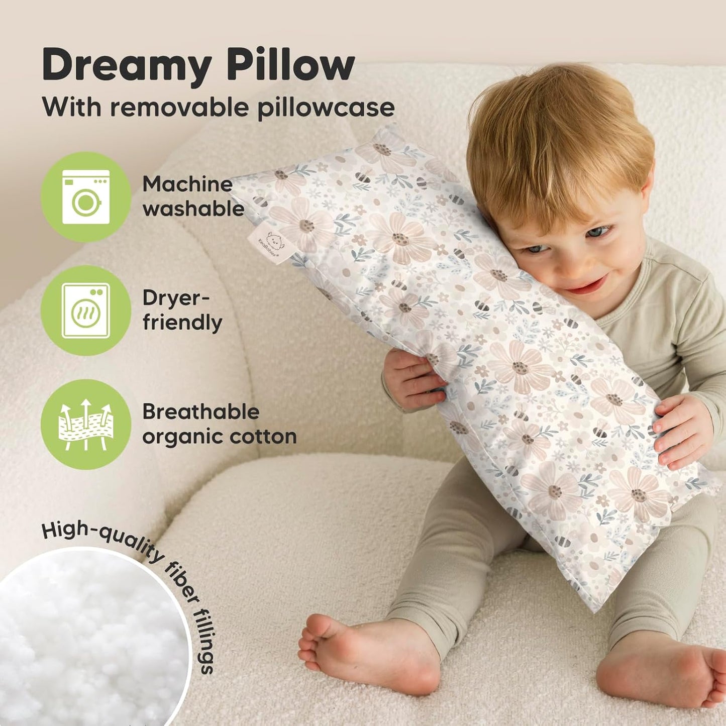 Toddler Pillow with Pillowcase - 10x18 My Little Dreamy Kids Travel Bed Pillows for Sleeping, Organic Cotton Small Pillowcase, Soft & Breathable, Machine Washable, Toddlers 2-5 Years Old (Flora Vale)