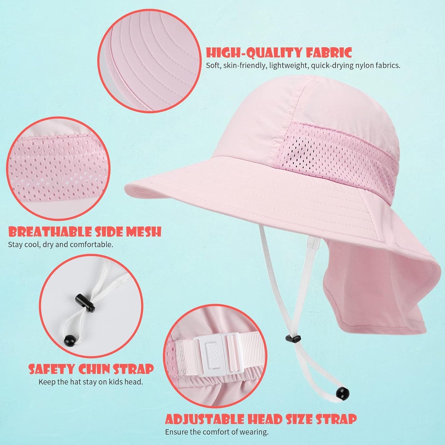 Toddler Baby Sun Hat Kids Summer UPF 50+ for Boys Girls Adjustable Beach Hats with Bucket Wide Brim Age 1-7 Years