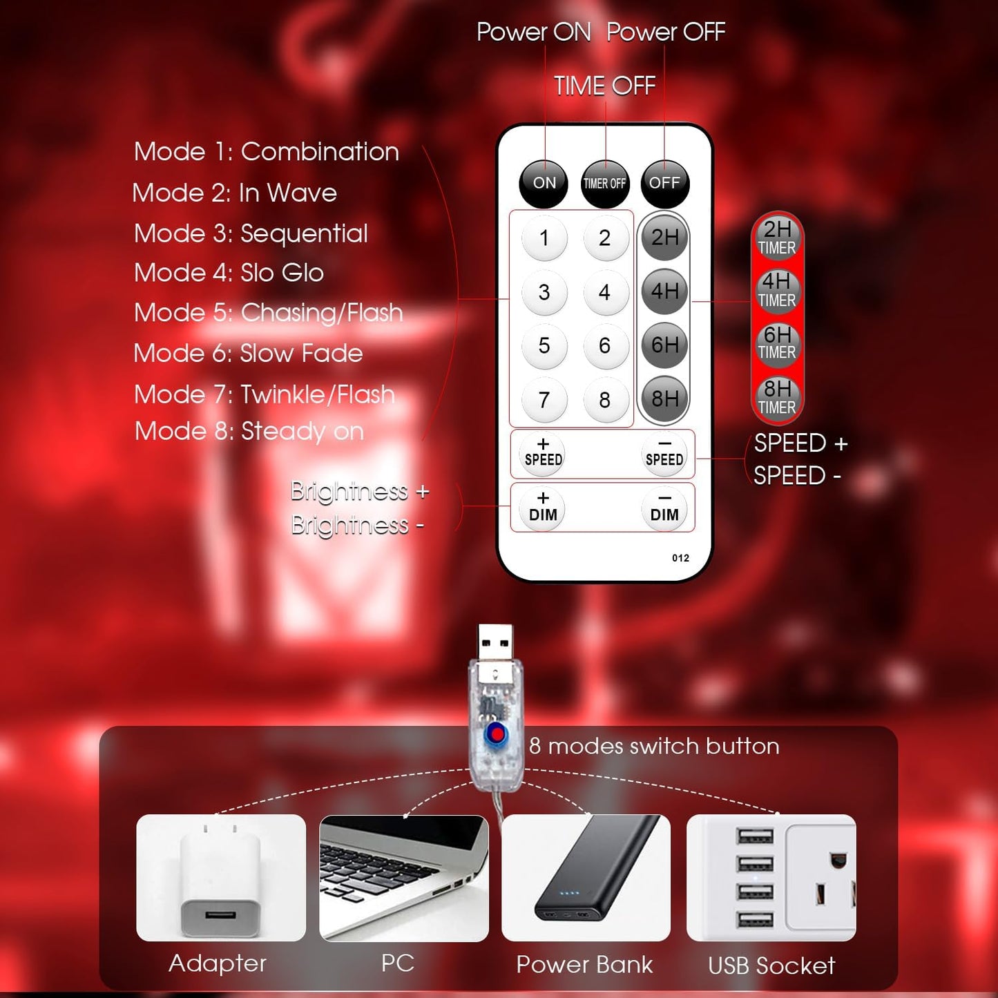 Fairy Lights 72ft 220 LED USB Twinkle String Lights Plug in Silver Wire Lights with Remote and Timer 8 Modes Outdoor Waterproof Starry Lights DIY Party Wedding Christmas Decoration（Red）