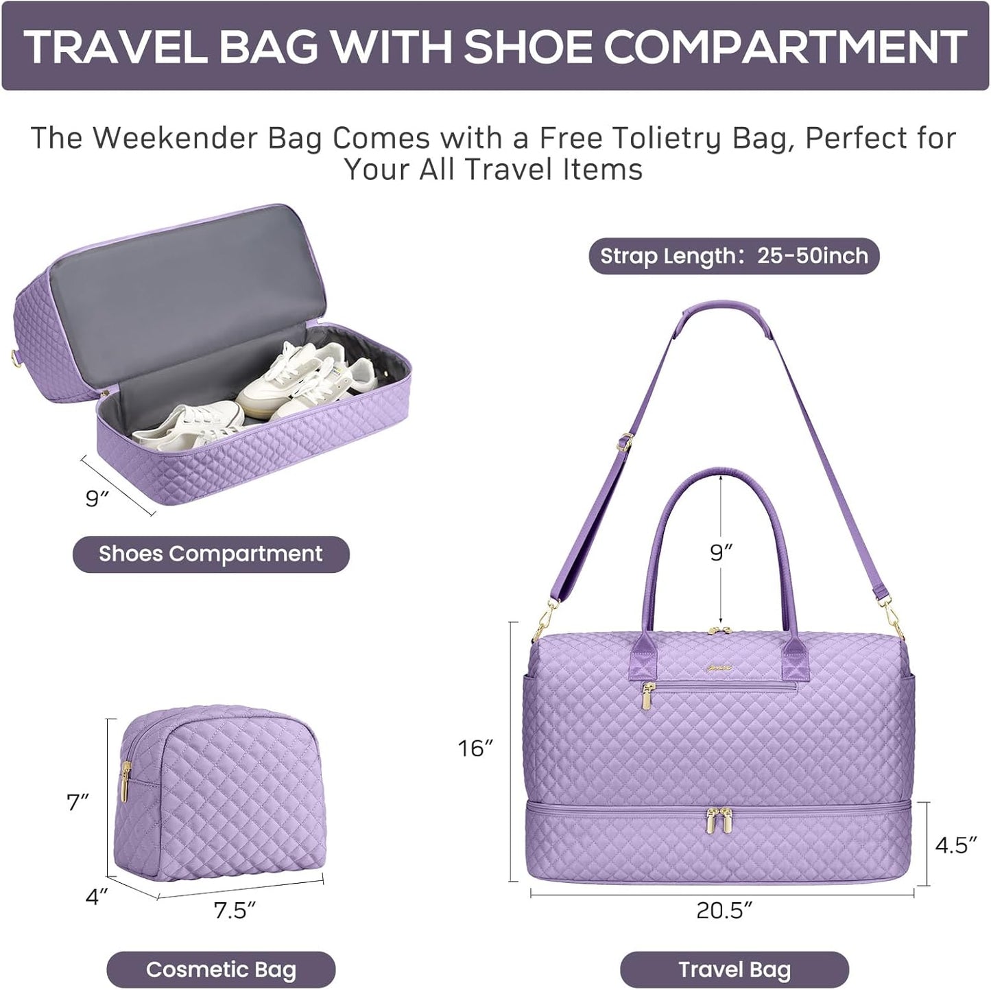 Travel Bag Weekender Bags for Women - Carry on Overnight Bag with Shoe Compartment Duffle Bag with Laptop Pocket Light Purple