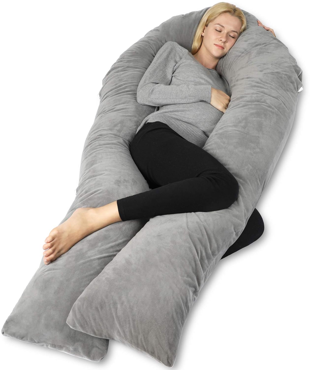 QUEEN ROSE Pregnancy Pillows for Sleeping, U Shaped Body Pillow for Pregnancy, 65 inch Maternity Pillow for Tall Pregnant Women with Gray Velvet Cover