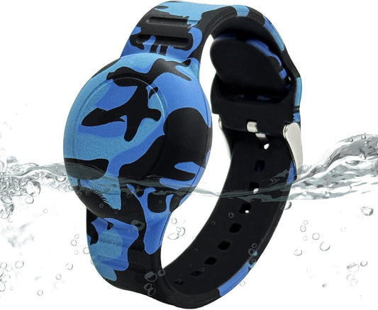 Waterproof AirTag Bracelet for Kids, Soft Silicone Air Tag Hidden Holder Case Compatible with Apple Airtag, Adjustable Anti-Lost Printed Strap GPS Traker for Toddler Child(Camouflage Blue)