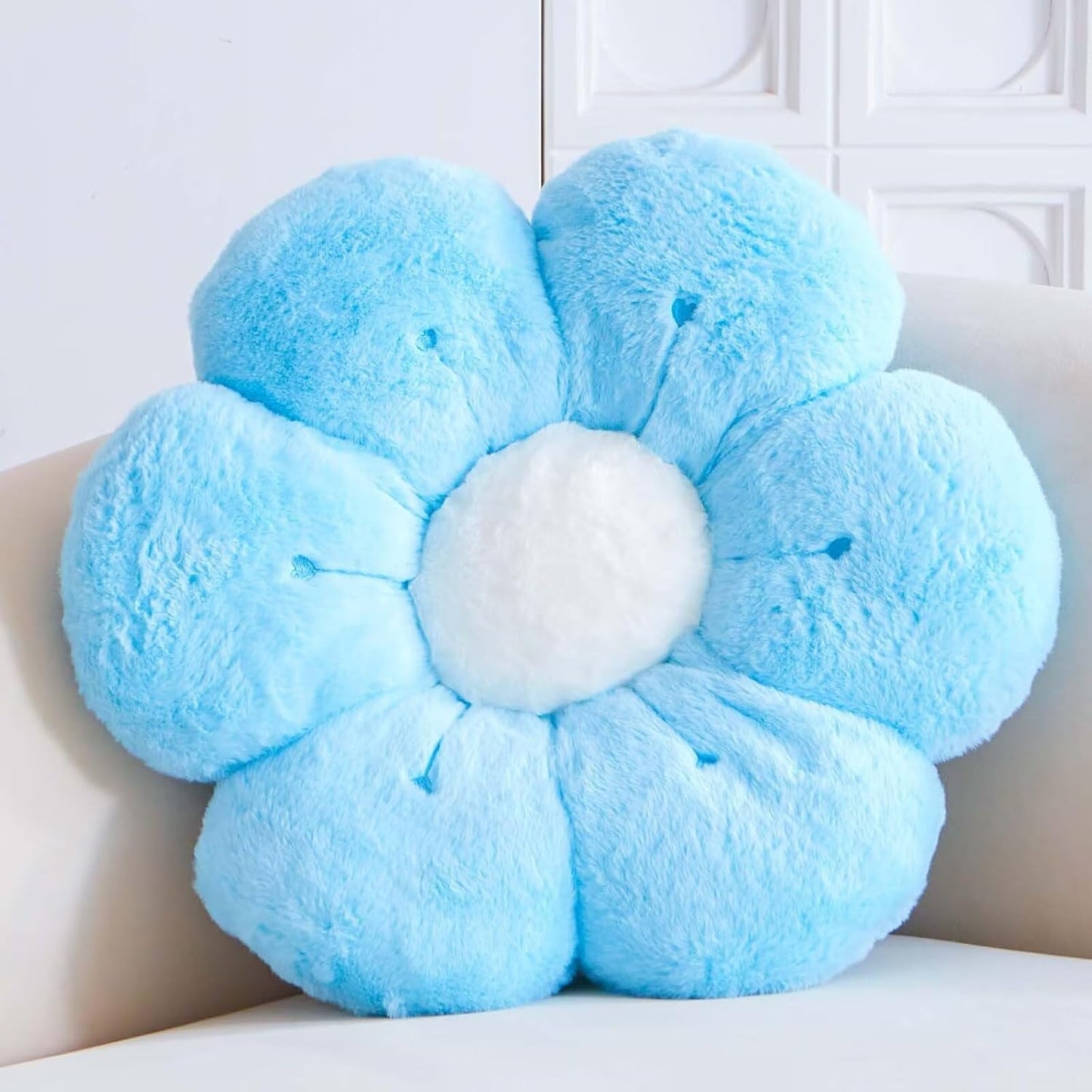 Flower Pillow, Cute Flower Shaped Decorative Pillow, Soft Rabbit Fur Daisy Pillow Home Decor Floor Seating Cushion for Bedroom Living Room (Blue 14.9 Inch)