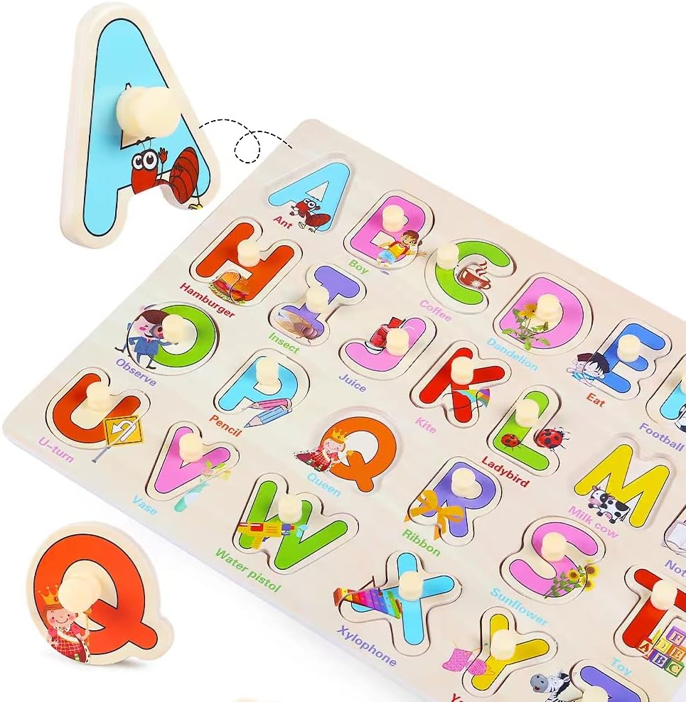 GRINNNIE Wooden Montessori Toddler Puzzles for 1 2 3 4 Years Old, 3 Pcs (Number, Letter, Shape) Kids Preschool Educational Peg Puzzle Set