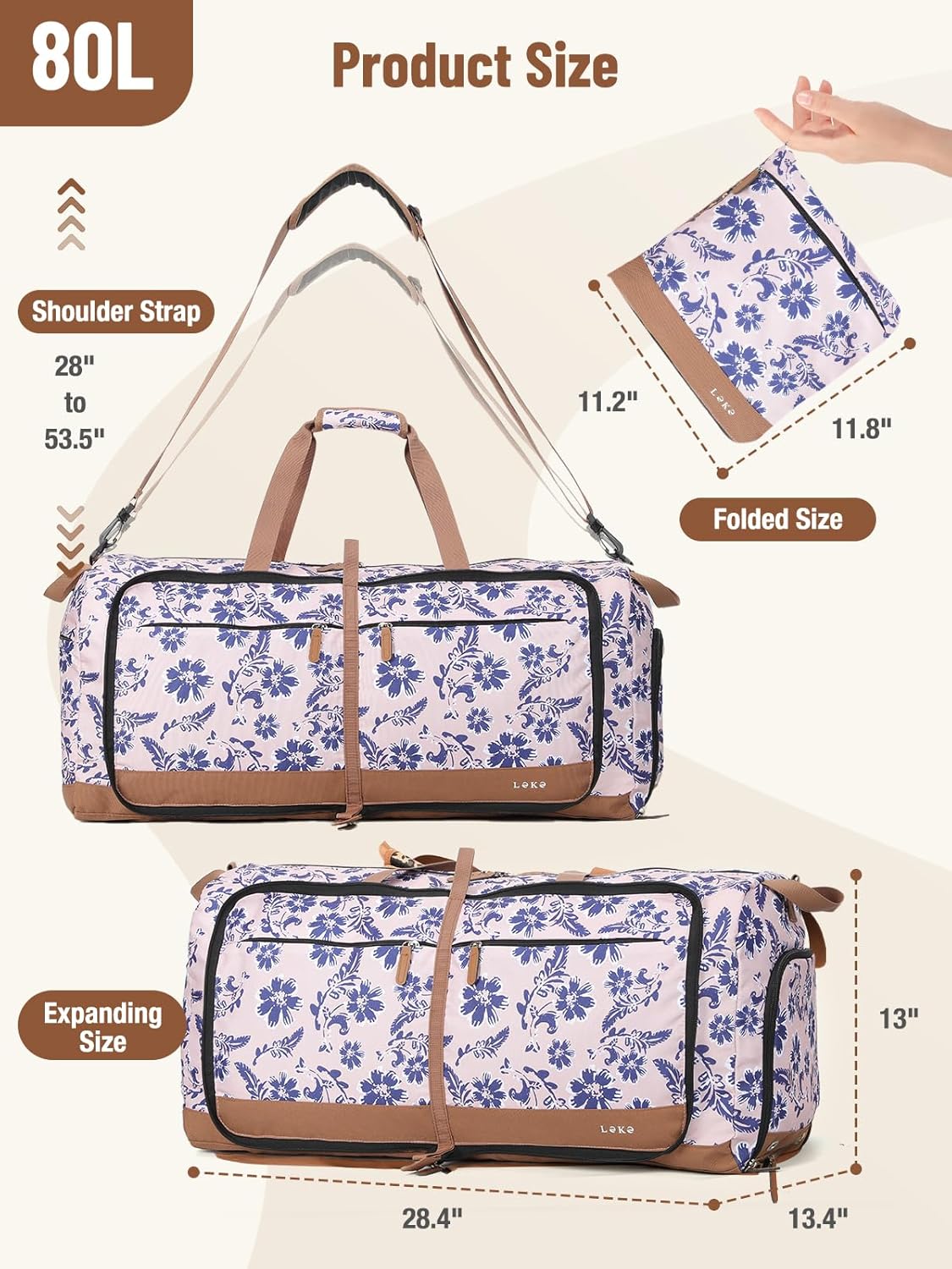 Lekesky Foldable Travel Duffle Bag for Women, Large Duffel Bag with Separate Shoes Compartments & Straps, Carry On Weekend Bag for Women, Hospital, Overnight (Pink Floral Print, 80L)