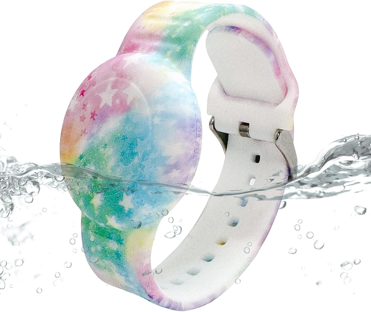 Waterproof Bracelet for airtag Kids, Soft Silicone Hidden Holder Case Compatible with Apple Airtag, Adjustable Anti-Lost Printed Strap GPS Traker for Toddler Child(Starry Sky Pink)