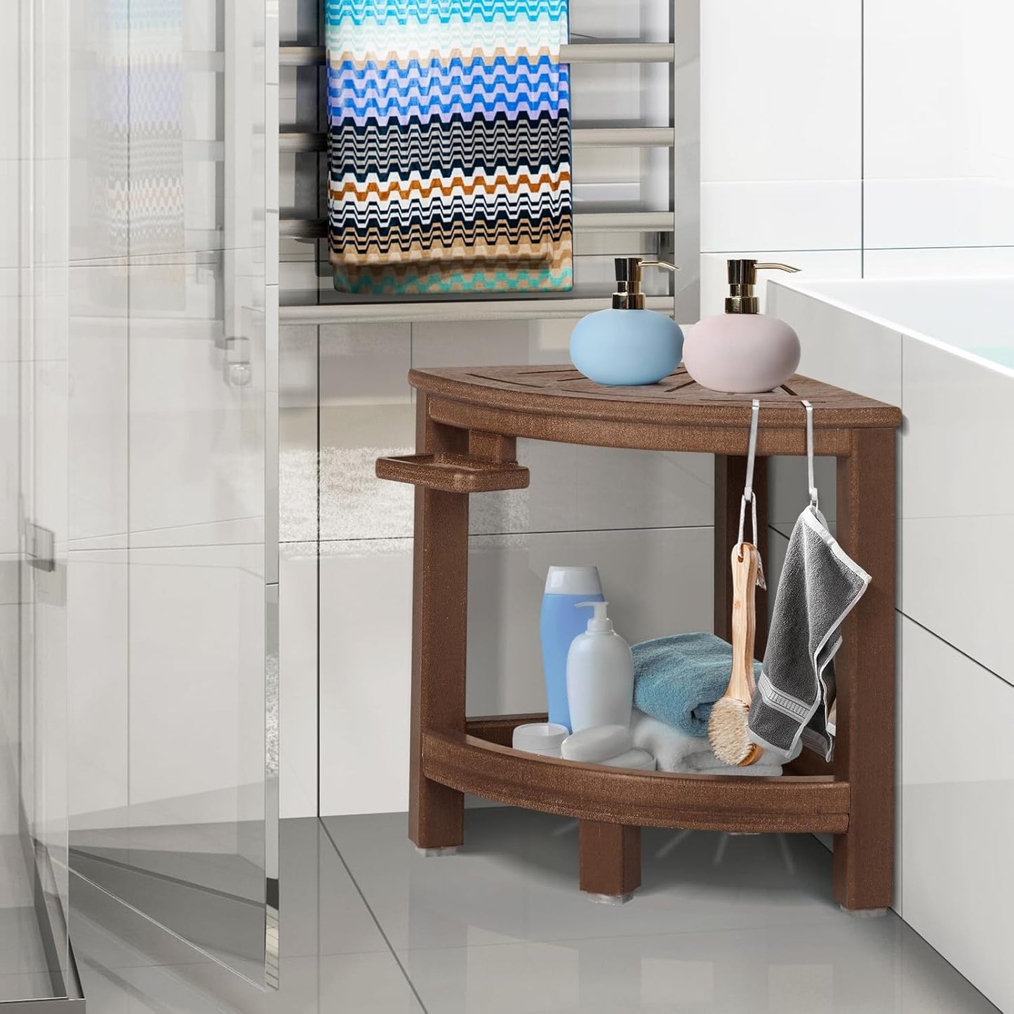 2-Tier Corner Shower Bench with Hooks & Soap Dish, HDPE Waterproof Stool for Shaving Legs, Non-Slip Shower Foot Rest - Brown