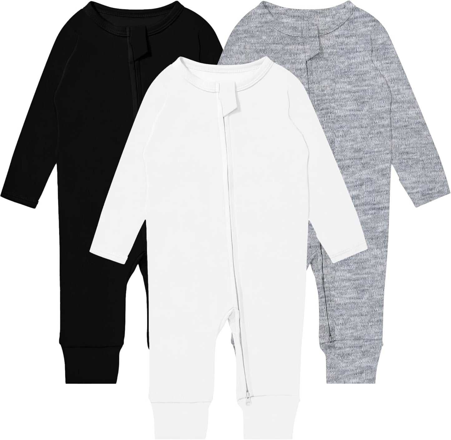 GUISBY Long Sleeve Cotton Pajamas Footless Baby Bodysuits with Zipper and Mittens 3-Pack for Boys Girls