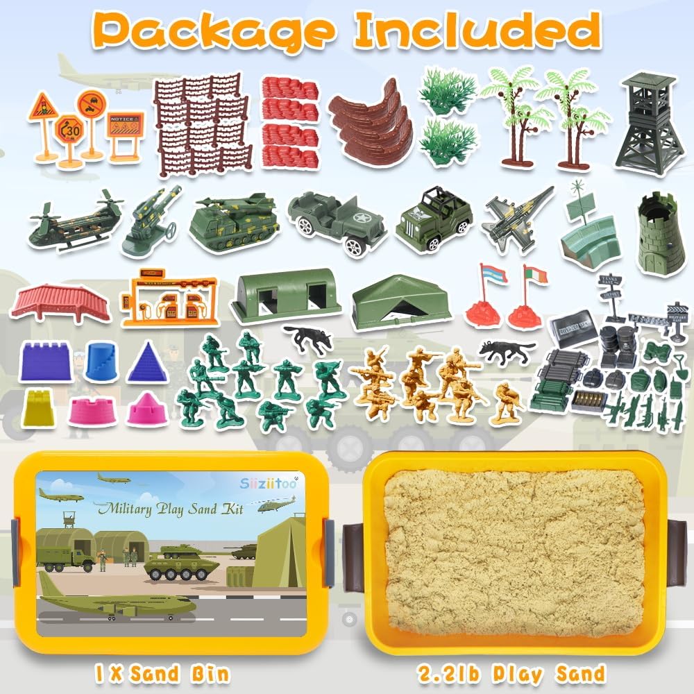 Army Play Sand Art Kit, Military Sensory Bin Filler, Sensory Bins for Toddler 3-4, with Army Men Action Figures Toys, 2.2lbs Magic Sand, Sandbox Toys for Toddlers 1-3, Sensory Sand Kit for Kids Boys