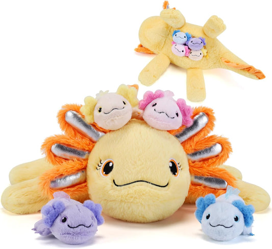 5 Pieces Axolotl Stuffed Animals with Babies Inside Belly - 1 Mommy Stuffed Axolotl with 4 babies - Yellow Axolotls Plush Toy for Kid Age 3-8, Gift Ideal for Christmas, Valentine's, Birthday
