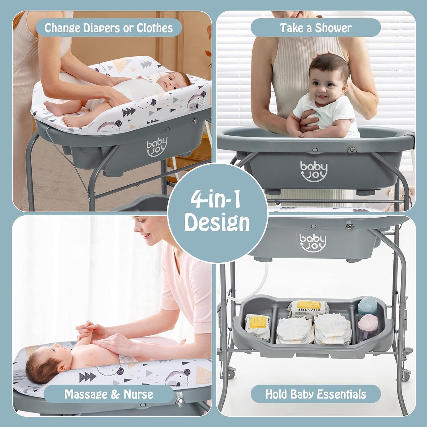 BABY JOY Baby Bathtub with Changing Table, Foldable Infant Diaper Changing Station with Storage Tray, Waterproof Pad, Portable Newborn Nursery Organizer Bath Stand with 4 Universal Wheels (Gray)