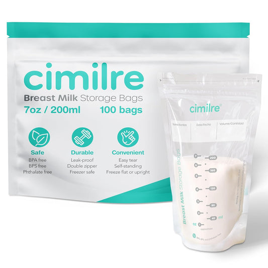 Breast Milk Storage Bags by Cimilre, Leak-Proof Breastmilk Storage Bags, Freeze Flat or Standing, 7 oz. Bags (100 Pack)