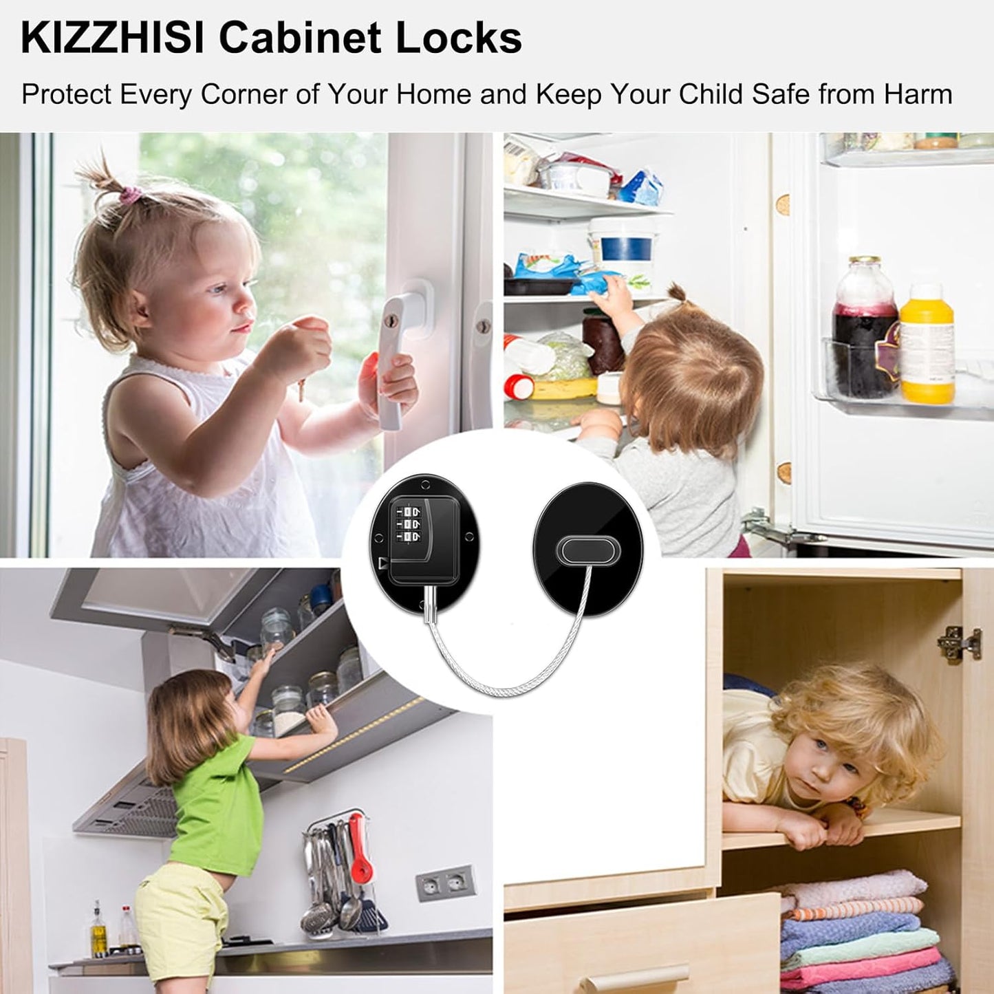 Heavy Duty Combination Refrigerator Lock (2 Pack) - Fridge Lock for Fridge, Cabinets, Drawers, Window and Cabinet Locks Baby Proofing, Strong Non-Marking Adhesive No Drilling (Black)