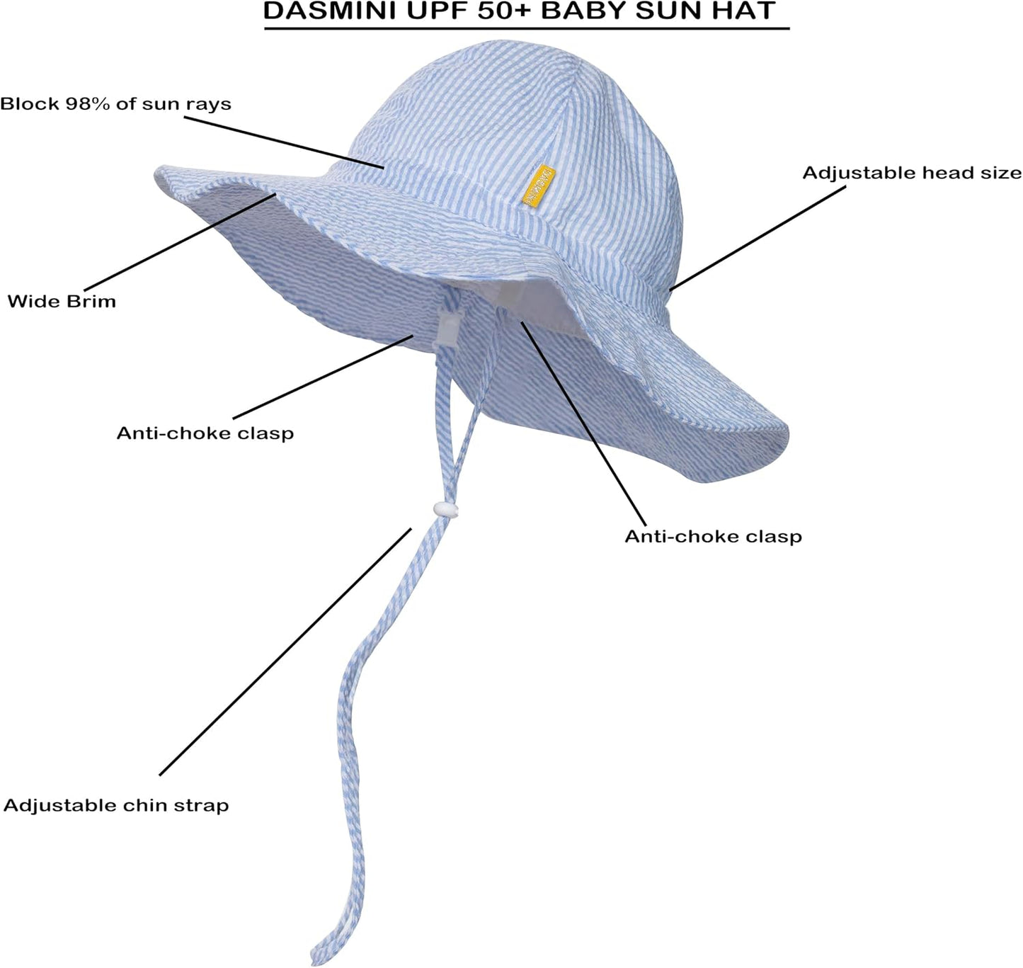 Baby & Toddler Wide Brim Sun Hats UPF 50+ Sun Protection Bucket Cap Cute Adjustable Hat in Seersucker