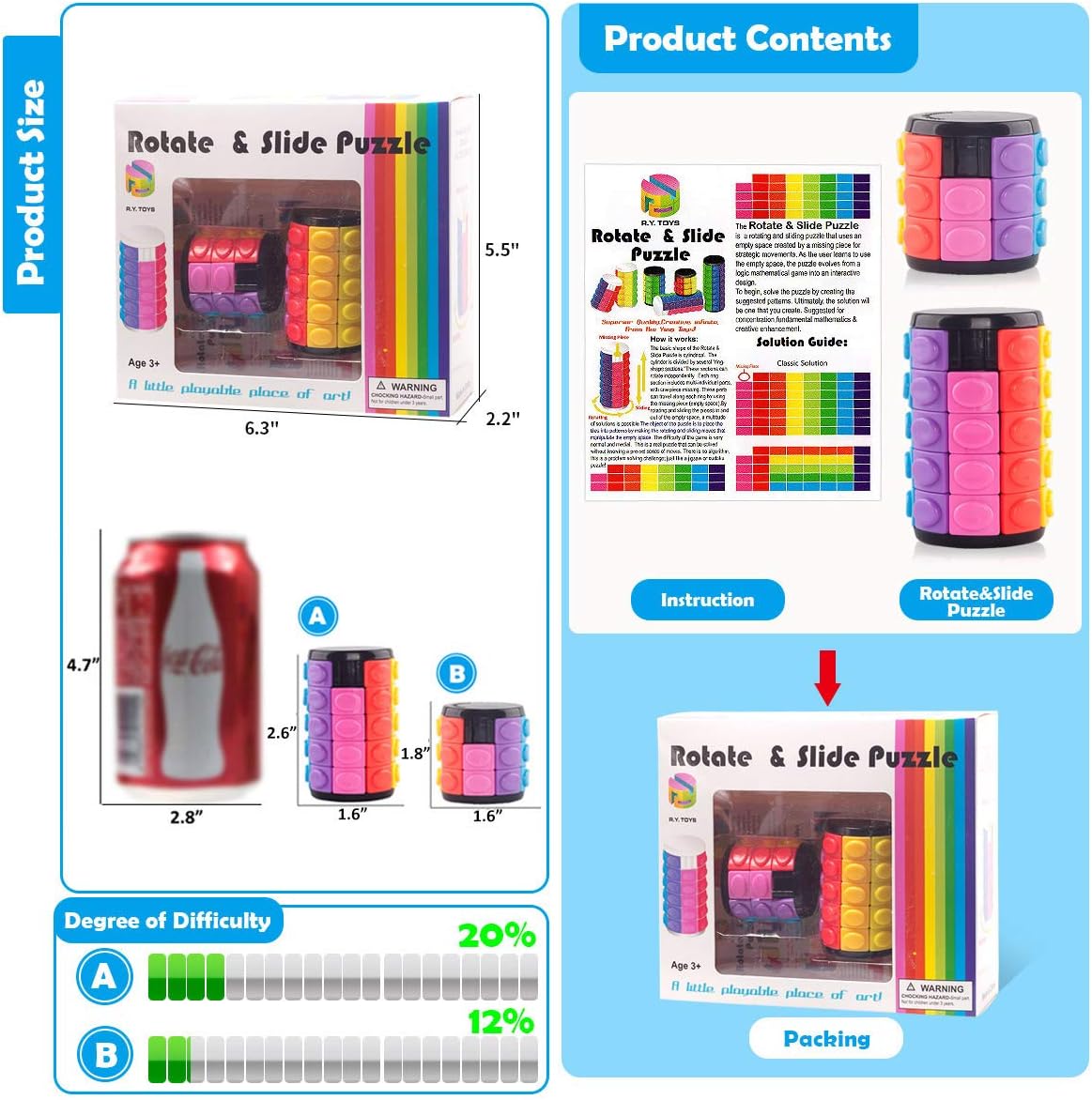 R.Y.TOYS Rotate and Slide Puzzle-Design Patent,Fidget Toys(Restore Order/Create Patterns) 8 Colors,3 and 5 Layers-Detach Piece for Quick Play,Brain Teaser,Sensory Toys Gifts,Easter Basket Stuffers