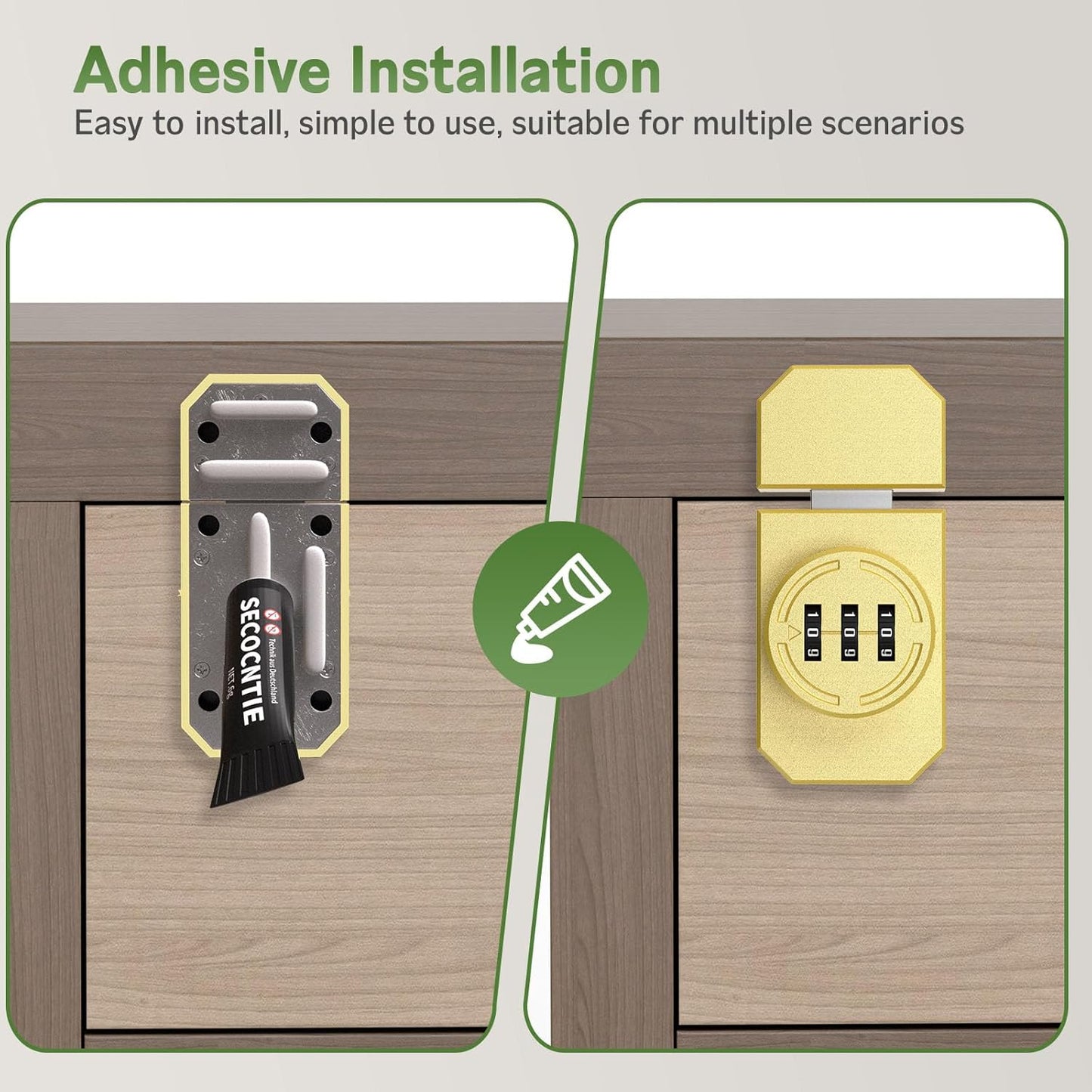 Keyless 3-Digit Combination Lock, Mechanical Stick-on Drawer Latch, Security Adhesive Cabinet Lock for Closet & Barn One-Way Doors (2, Gold)