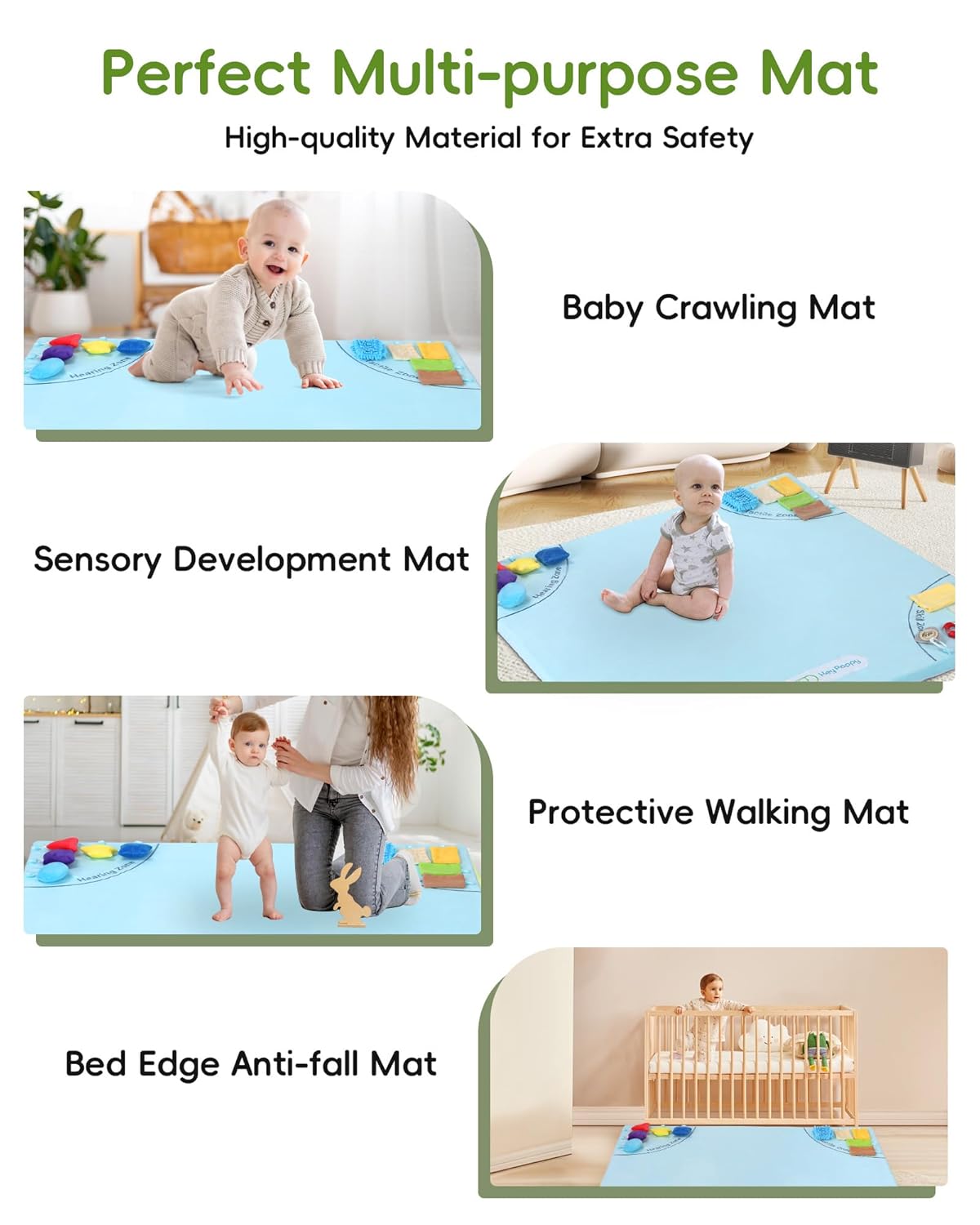 Baby Play Mat, 50''x50'' Playpen Mats with 4 Sensory Development Zones for Motor Skills, Unique Crawling Mats with Non-Slip Cushioned that Fits Nicely into Any Playroom, Blue