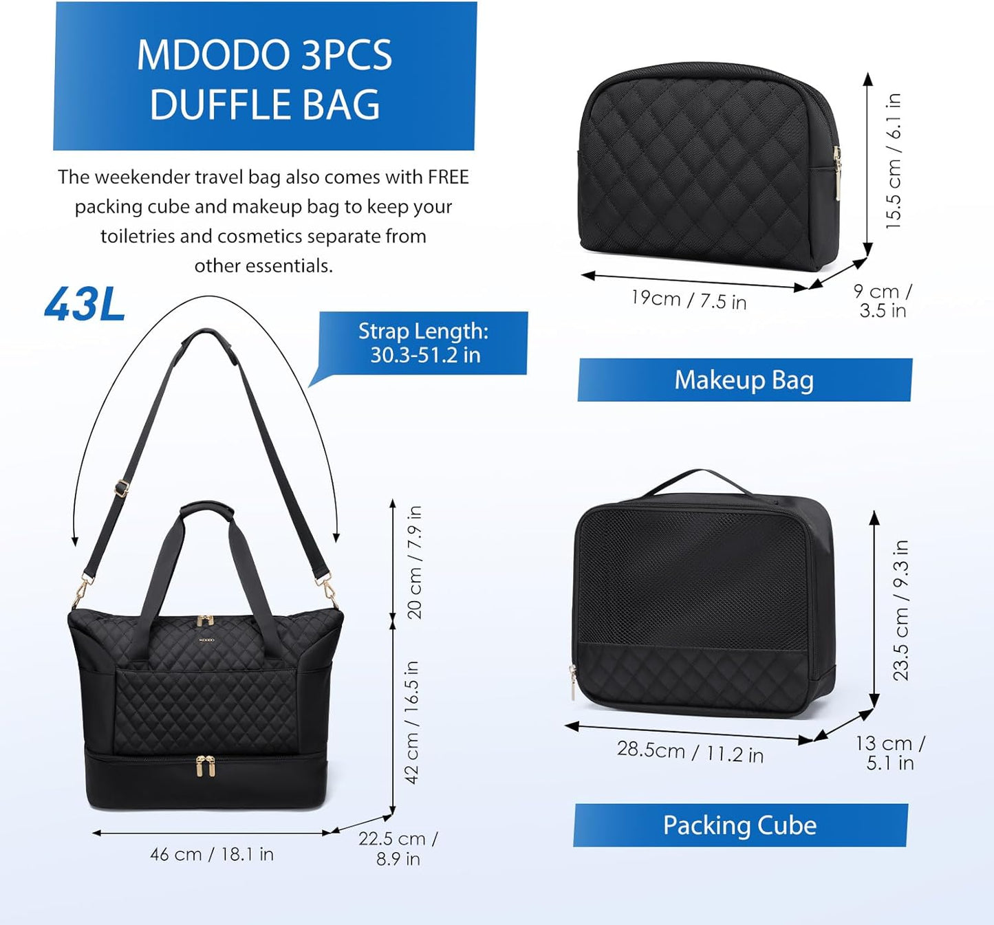 Travel Duffel Bag for Women Weekender Overnight Carry on Tote Duffle Bag Personal Item Bag with Shoe Compartment for Business,Trips,Travel,Sports,Gym,Yoga,Hospital, 3 Pcs Set, 43L,Black