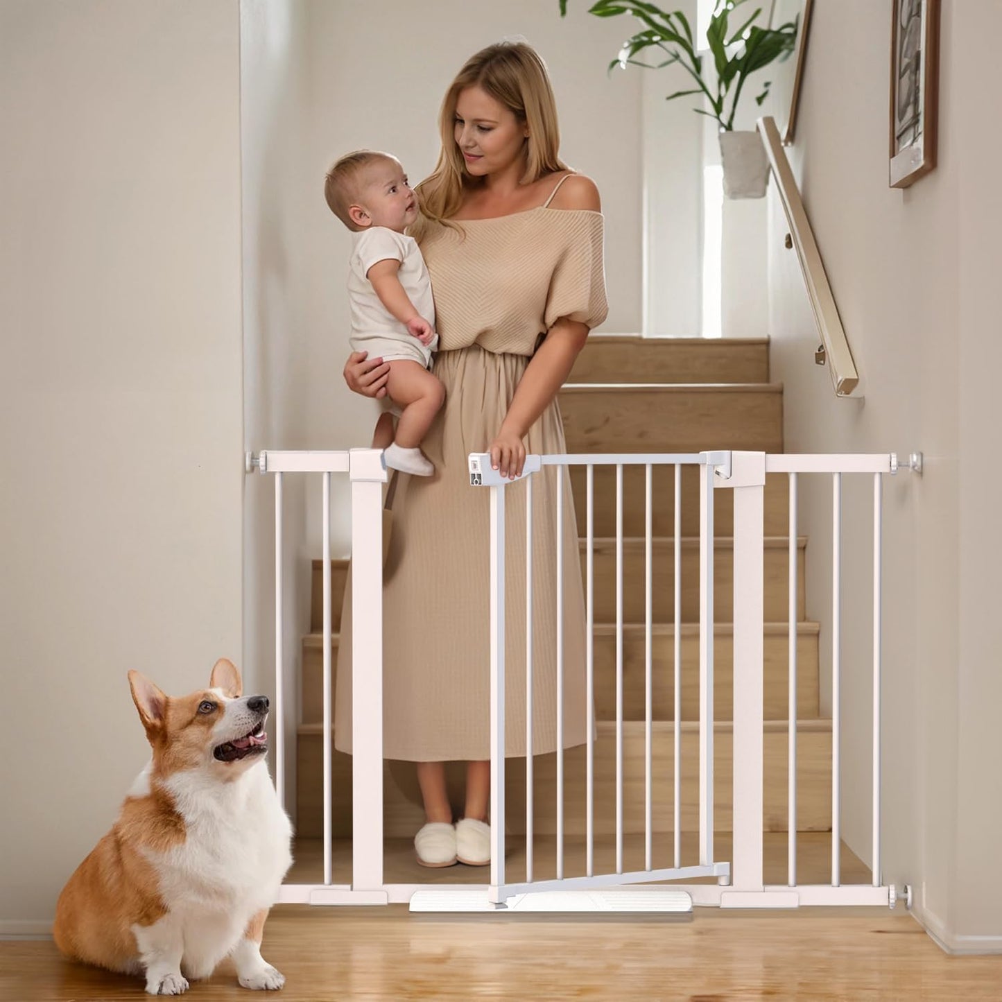 Baby Gate for Stairs - 29.6-46" Auto Close Dog Gate for Doorways, Extra Wide Child Gate Indoor, Walking Through Safety Gate for Kid, Pet Gates No Drilling White, Mom's Choice Awards Winner