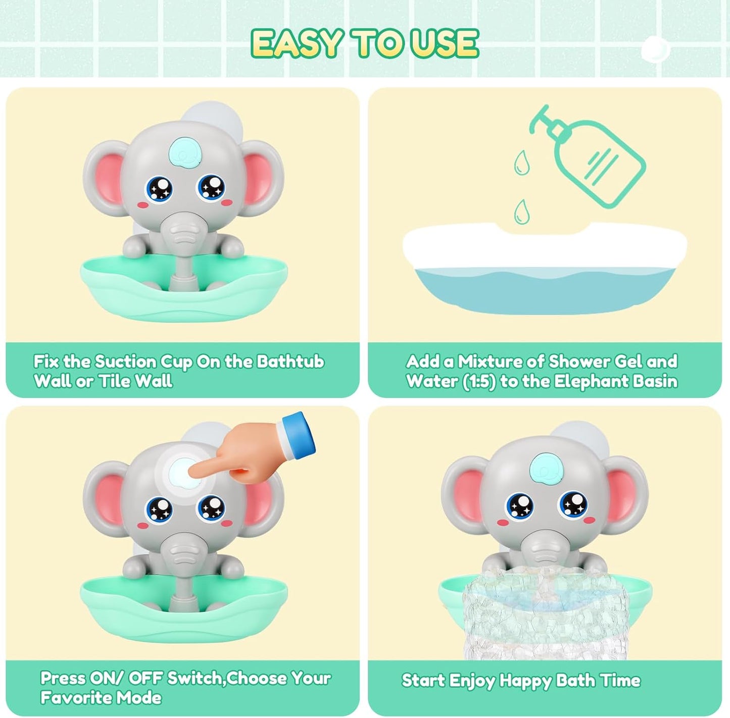 Baby Bath Toys, Magnetic Charging Music Bath Bubble Machine, Elephant Bubble Maker for Kids Ages 1-3 4-8, Toddler Bathtub Toy Gift for Boys and Girls (Grey)