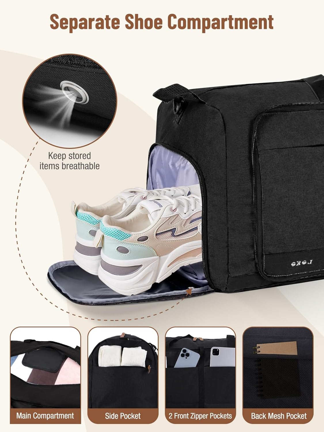 Lekesky Foldable Travel Duffle Bag for Women, 60L Large Duffel Bag with Separate Shoes Compartments & Straps, Carry On Weekend Bag for Women, Hospital, Overnight (Black)