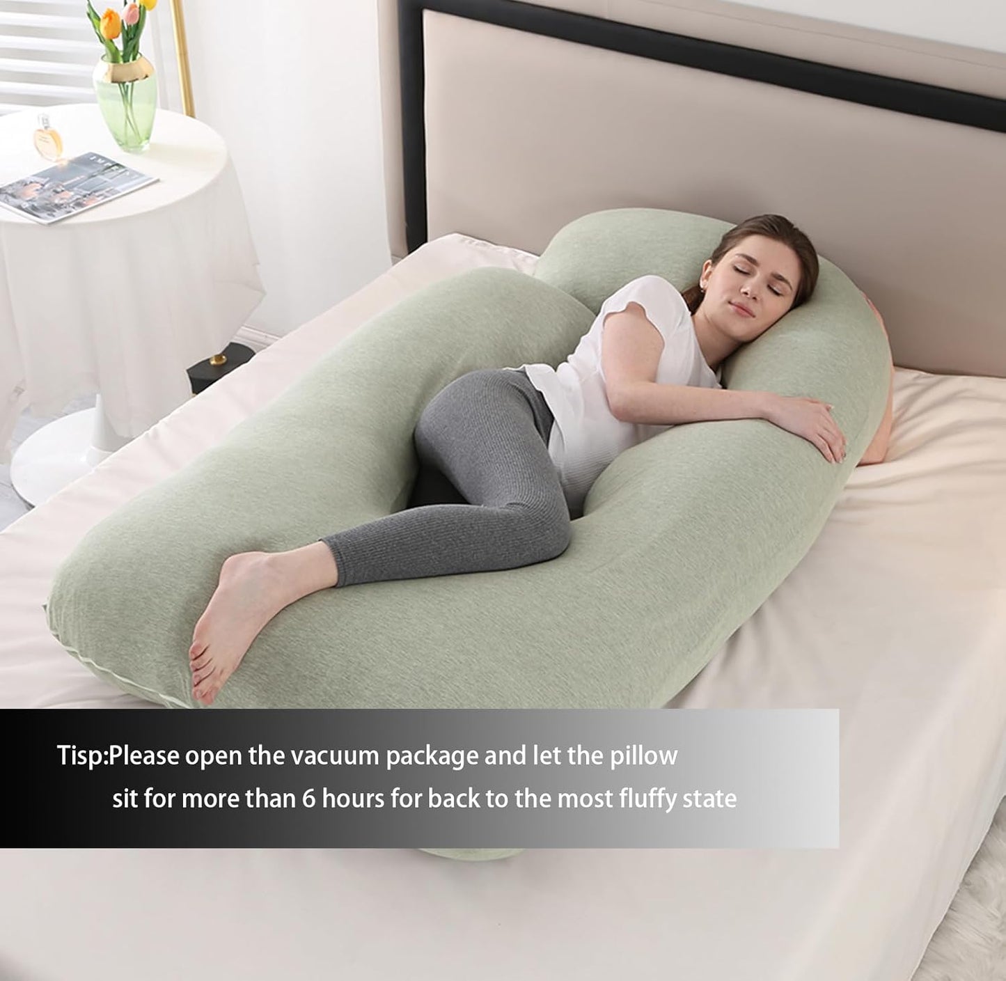 Pregnancy Pillow J-Shaped Full Body Pillow, 59 inch Cool Fabric Easy to Remove and Wash, Support Pregnant Women's Backs Legs and HIPS, Improve Sleep,Pregnancy Pillow for Women ，Pea Green