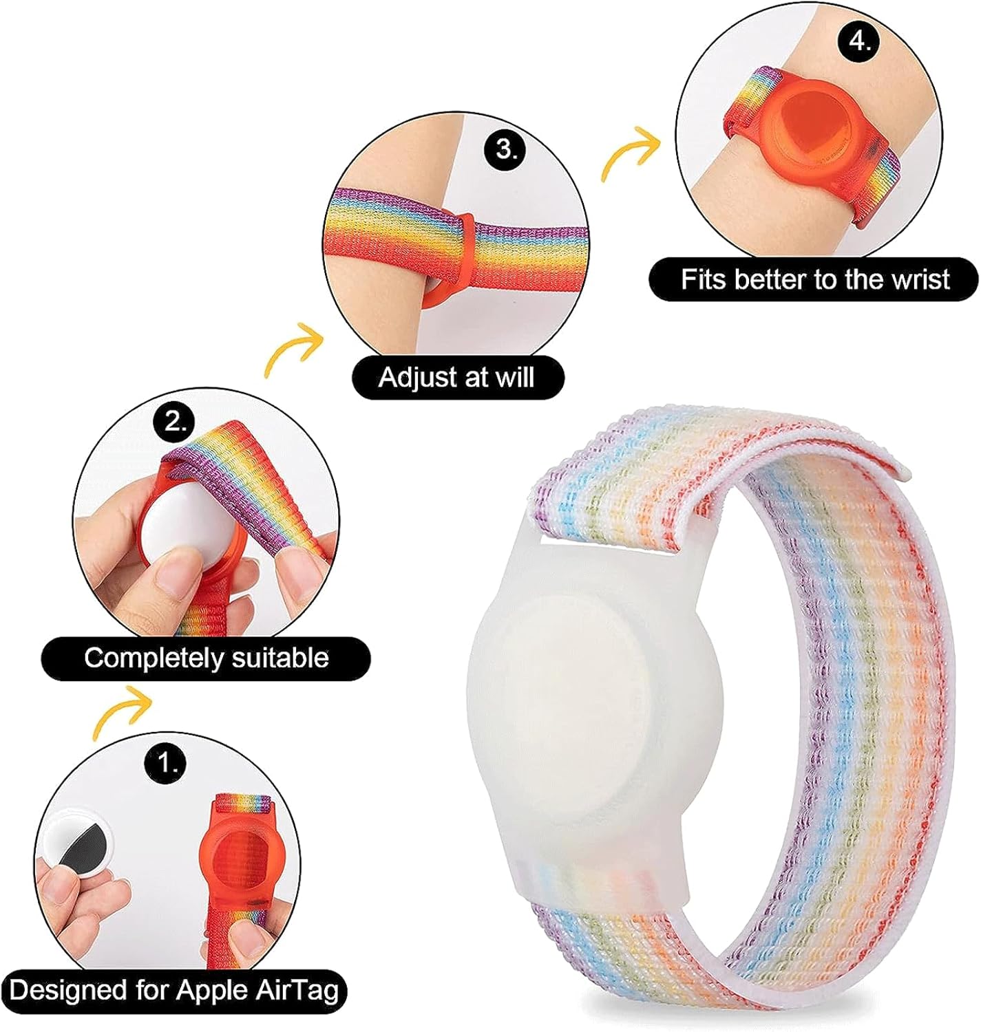 2 Pack AirTag Bracelet for Kids, Apple Air Tag Protective Cover with Nylon Wristband, Anti Lost GPS Trackers Case Cover Elastic Watch Band for Toddlers Girls Boys Elders (Light Rainbow)