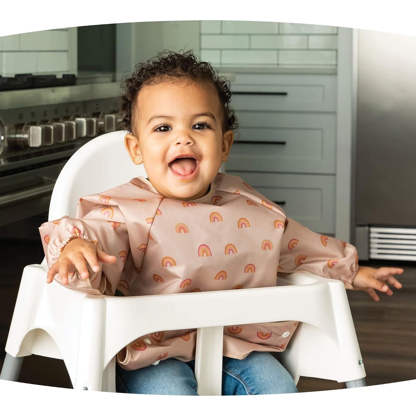 Tiny Twinkle Mess Proof Baby Bib,Waterproof Smock Baby Bib for Eating,Machine Washable Long Sleeve Bib,Baby Led Weaning,Toddler Bib,BLW Supplies(Boho Rainbow, Small 6-24 Months)