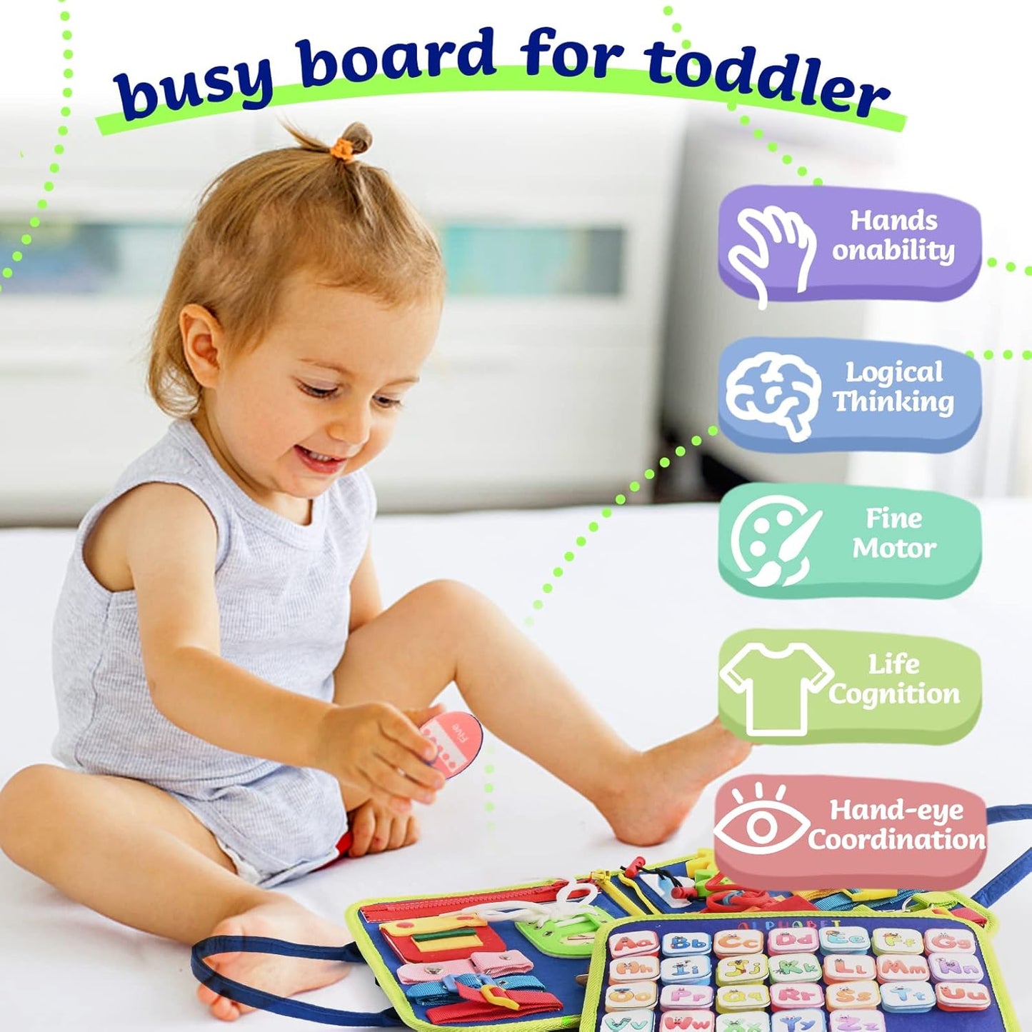 TenFans Montessori Busy Board | 1-4 Year Old Toddler Learning Toy | Fine Motor Skills Development | Montessori Sensory Playset | Early Childhood Education Tool | Portable Travel Preschool Activity Kit