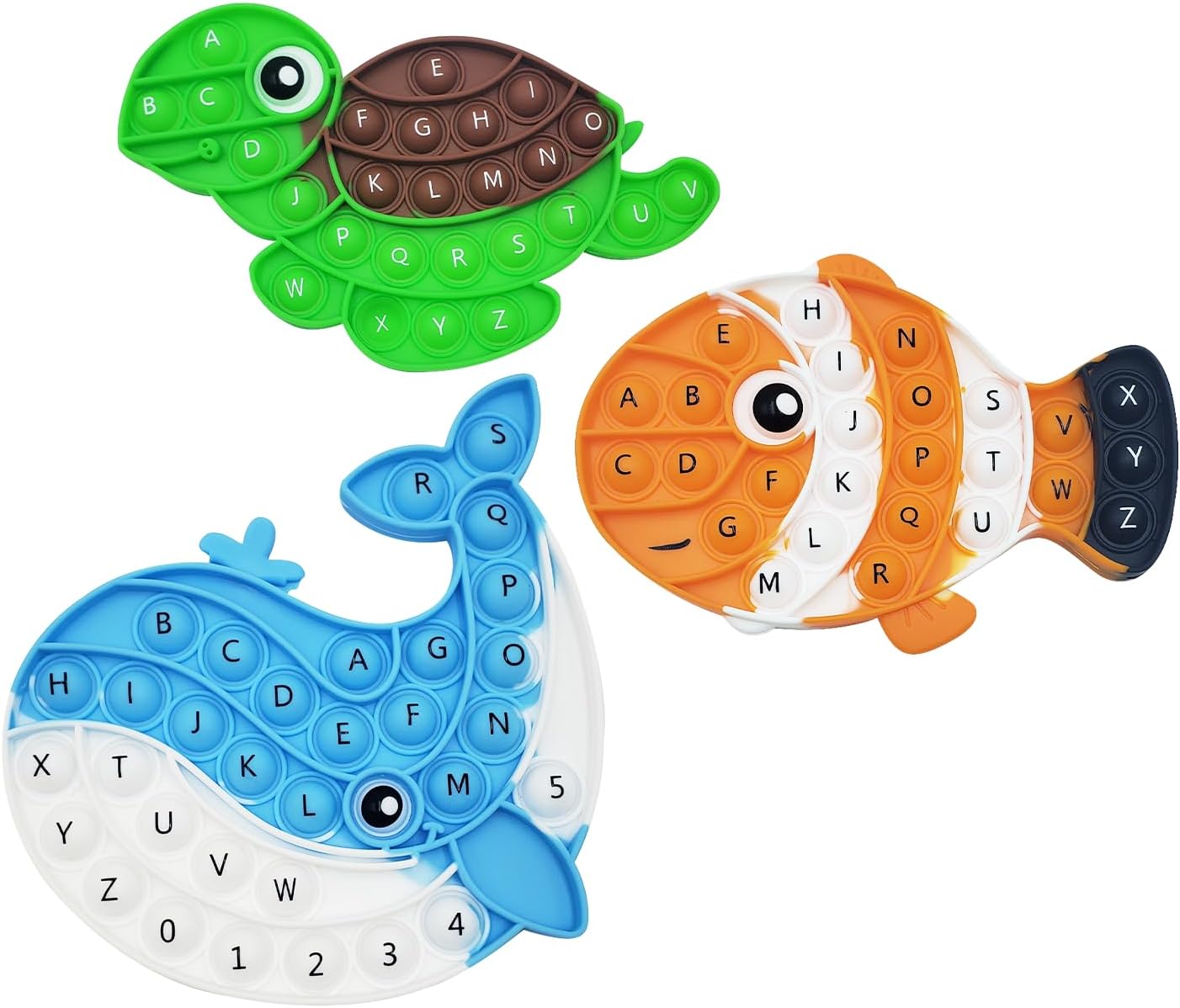 Marine Pop Fidget Toys Set with ABCs, Silicone Rainbow Dinosaur Popper Fidget Set for Children, Sensory Squeeze Toys Stress Reliever Tool for Kids Adult ADHD 3 Pack, Whale, Turtle and Clownfish