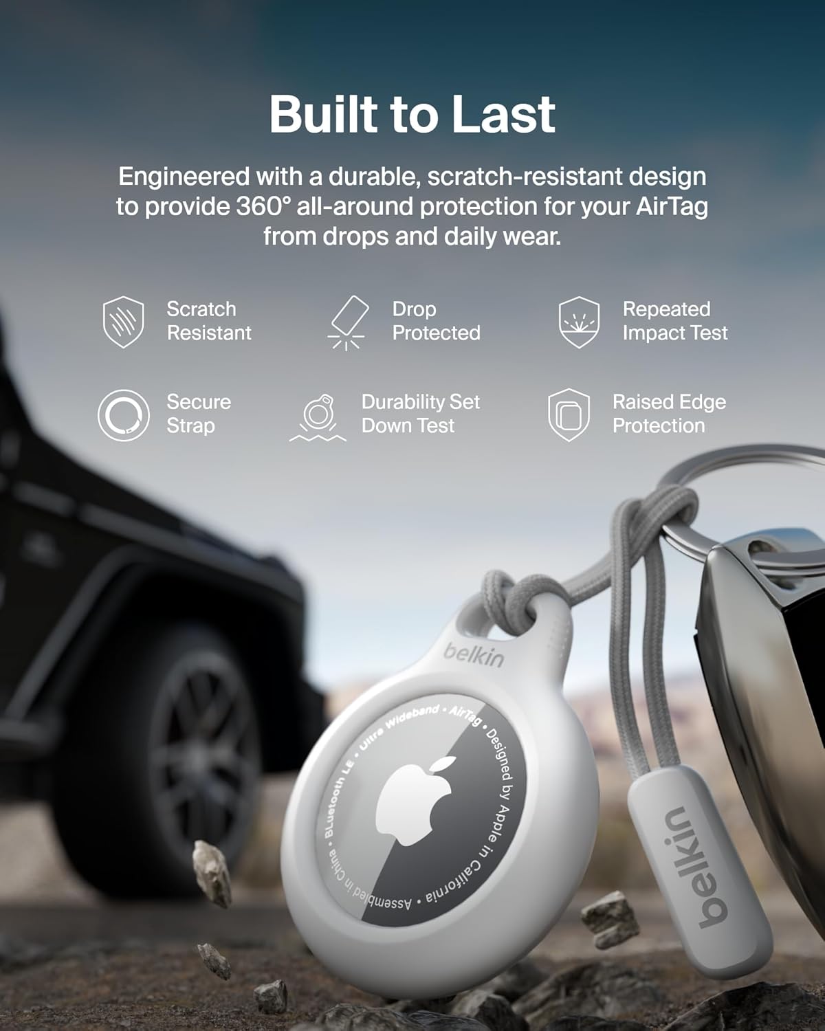 Belkin Apple Airtag Secure Holder With Strap - Apple Air Tag Keychain - Airtag Holder With Strap For Key Ring - Airtag Keychain Accessories - Scratch Resistant Airtag Case With Raised Edges - White