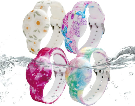 Waterproof AirTag Bracelet for Kids, Soft Silicone Air Tag Hidden Holder Case Compatible with Apple Airtag, Adjustable Anti-Lost Printed Strap GPS Traker for Toddler Child(4 Pack)