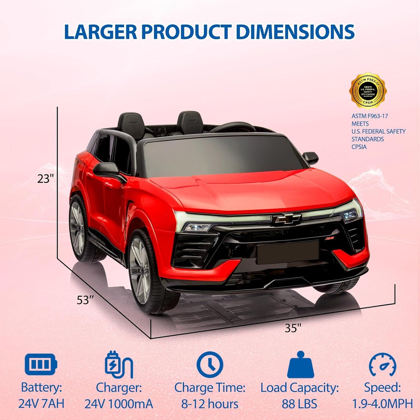 Hetoy 24V 2-Seater SUV Licensed Chevrolet Blazer Ride On Car Toy w/Parent Remote Control, 3 Speeds, Wireless Music, MP3 Player, Electric Car for Kids Ages 3-8, RED