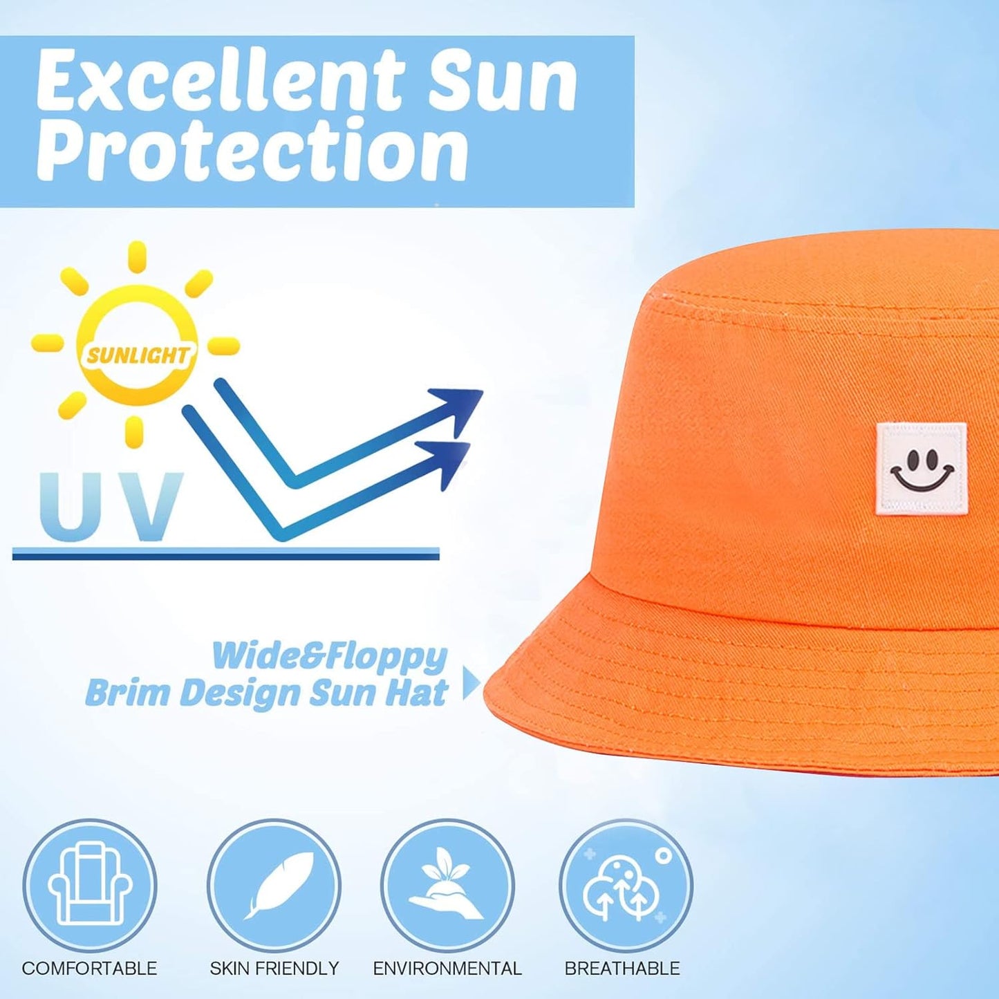 Kids Sun Hat Smile Face Bucket Hat for Girls Boys Summer Sun Protection Cotton Unisex Beach Cap