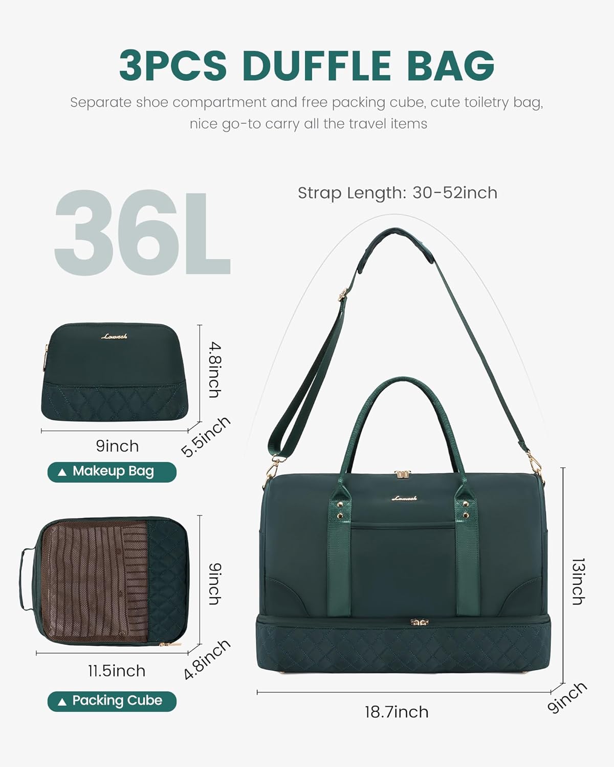 LOVEVOOK Travel Bag,Weekender Bag for Women Travel Duffle Bag with Shoe Compartment,Carry on Overnight Bag with Wet Pocket,Gym Yoga Duffel Bag,Hospital Bags for Labor and Delivery,3 Pcs Set