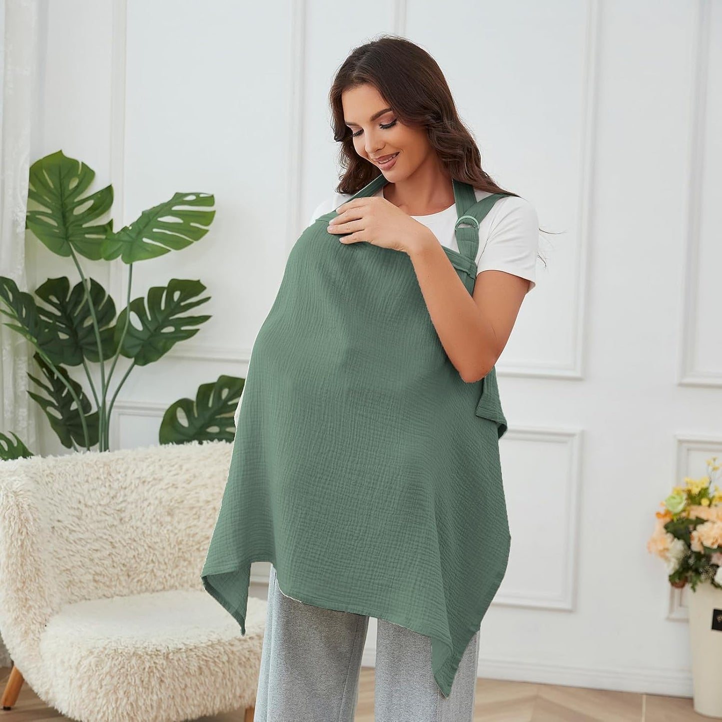 Muslin Nursing Cover for Baby Breastfeeding, Breathable 100% Cotton Breastfeeding Cover with Rigid Hoop for Mother Nursing Apron (Roman Green)