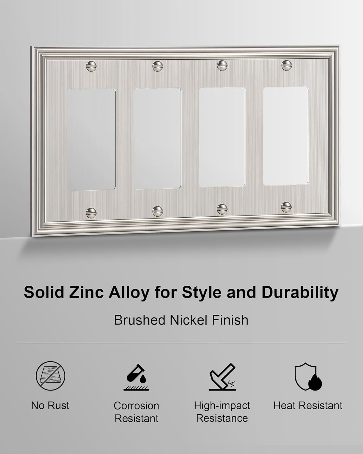 2-Pack Quad Decorator Outlet Cover Plate, Zinc Alloy Brushed Nickel Switch Plates and Outlet Covers, 4 Gang Wall Plates for Electrical Outlets, Receptacle, GFCI Outlet, Dimmer Switch