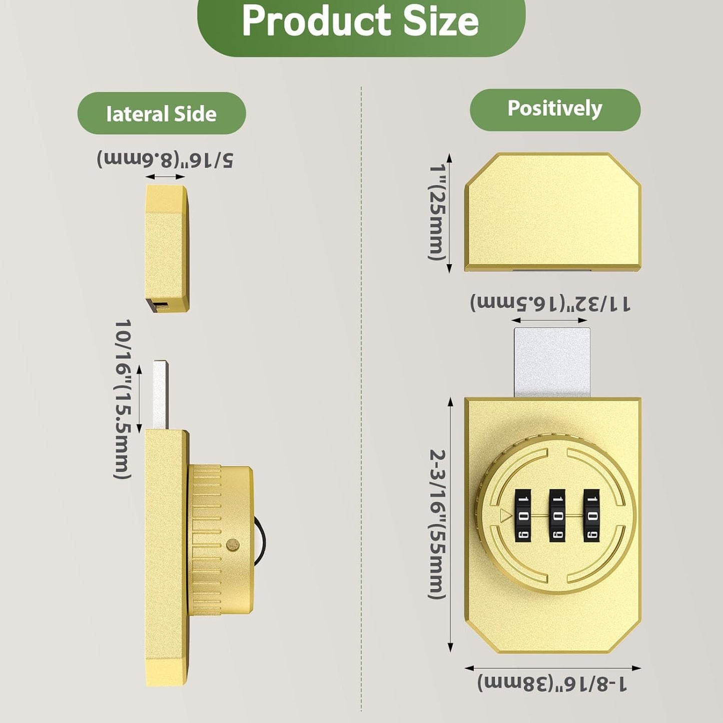 Keyless 3-Digit Combination Lock, Mechanical Stick-on Drawer Latch, Security Adhesive Cabinet Lock for Closet & Barn One-Way Doors (1, Gold)
