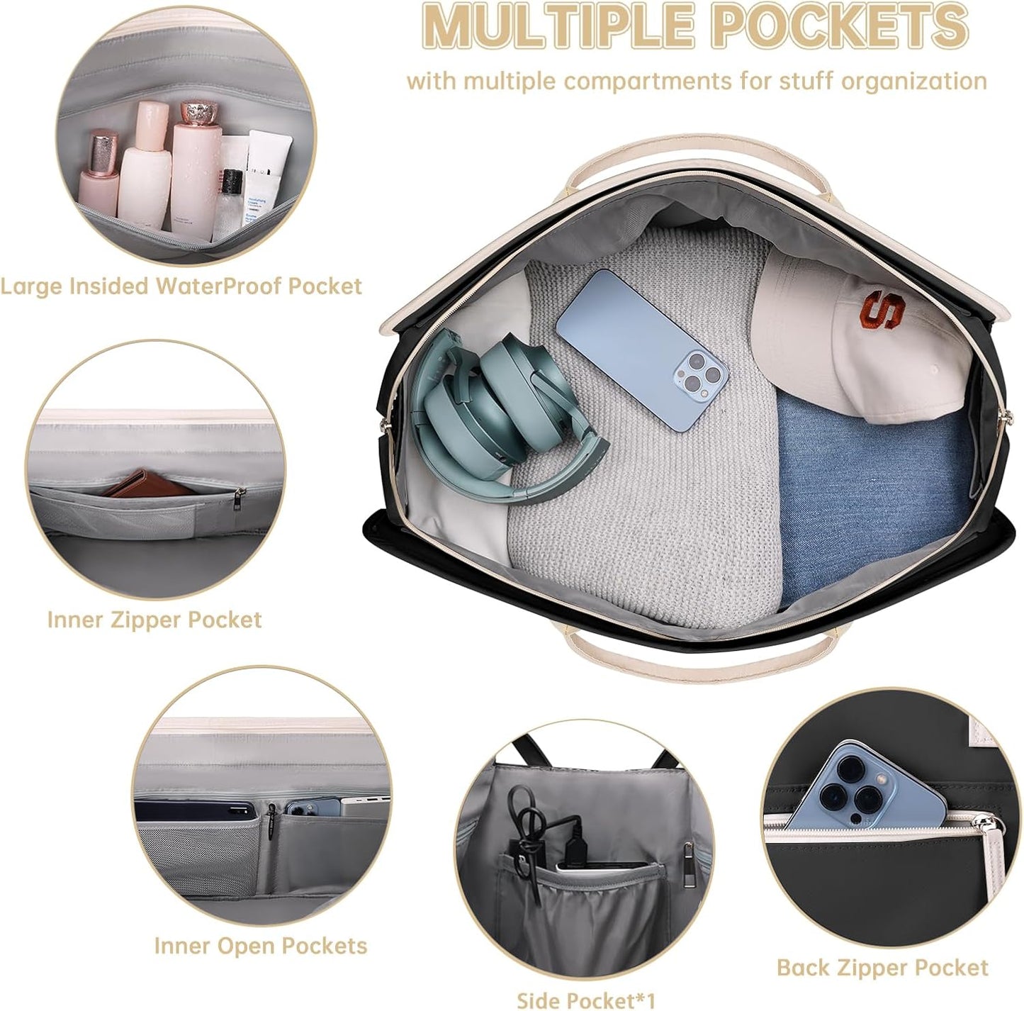 ETRONIK Weekender Overnight Bag for Women, Large Travel Duffle Bag with Shoe Compartment & Wet Pocket, Carry On Tote Bag Gym Duffel Bag with Toiletry Bag, 3 Pcs Set, Large Size, Beigeblack-Brown