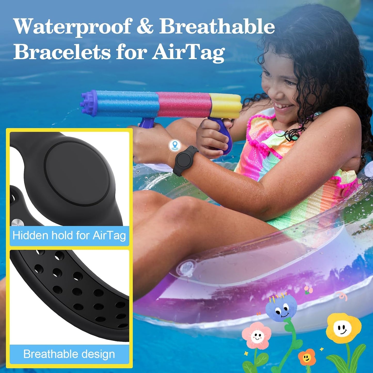 Waterproof Bracelets Compatible with AirTag for Kids, 2 Packs Silicone Holder with Hidden Cover Design Wristband Compatible with AirTag for Child, Breathable GPS Tracker Holder for Kids GBW
