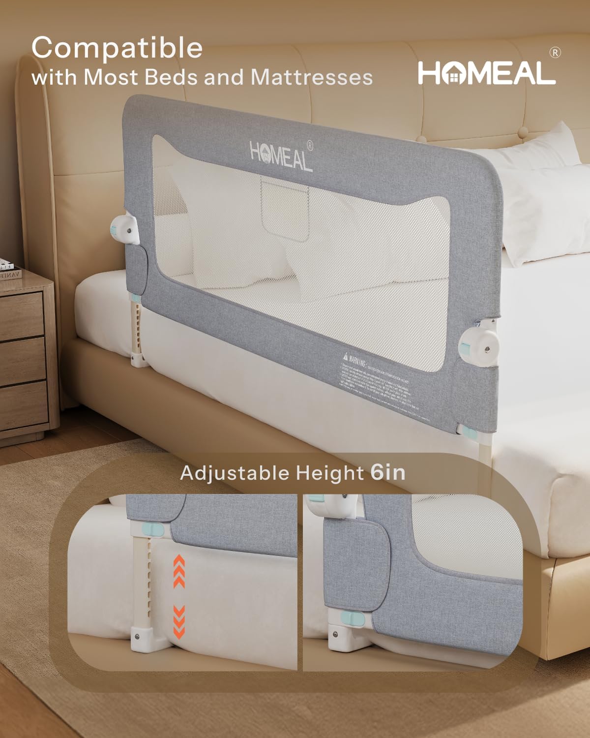HOMEAL Bed Rail for Toddlers，47" x 26" Grey, Long Tall Foldable Baby Bed Rail Guard for Easy Use and Storage, U-Shaped Base Width Increased by 4", Suitable for Twin, Full, Queen, King Size Bed