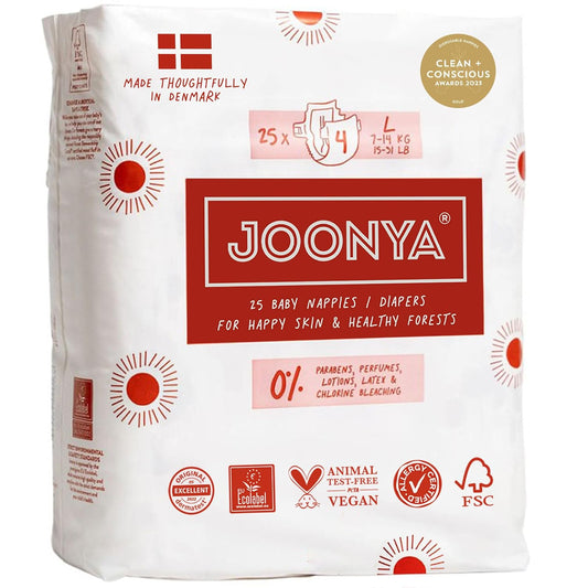 Joonya Baby Diapers, Size 4 L (15-31 lb) - 1 Bag of 25 - New Range - NonToxic, Eco-Friendly, Ultra Slim, Overnight Use - Made in Denmark