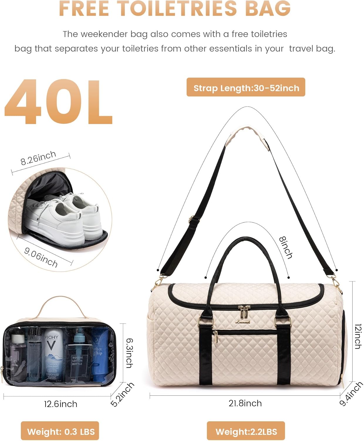 LOVEVOOK Travel Duffle Bag, 40L Weekender Overnight Bag with Toiletry Bag, Quilted Carry On Bag with Shoe Compartment, Gym Duffel Bag with Wet Pocket for Women, Hospital Bags for Labor and Delivery